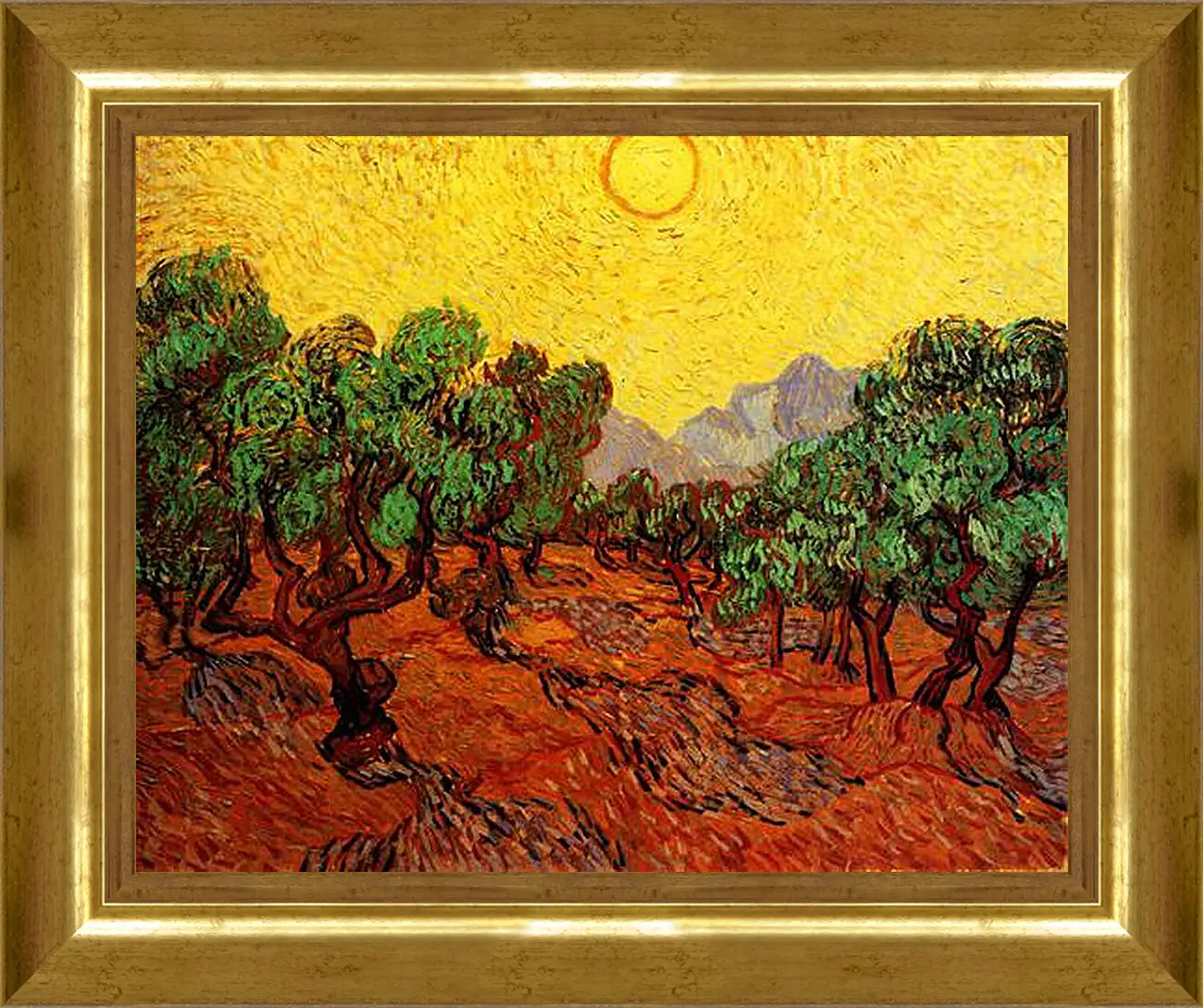 Картина в раме - Olive Trees with Yellow Sky and Sun. Винсент Ван Гог