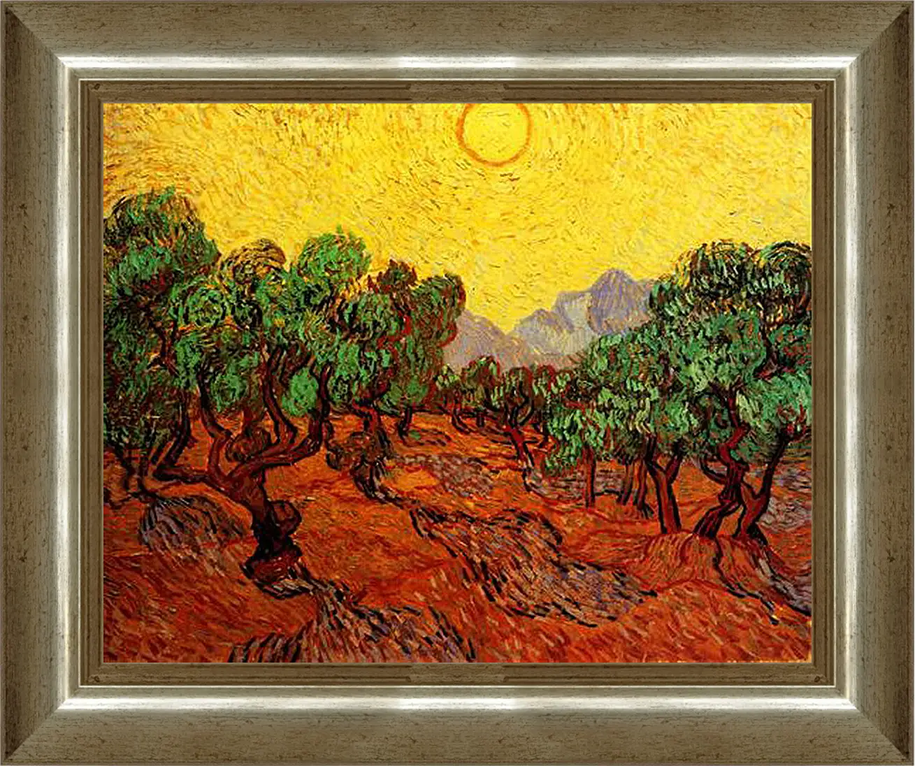 Картина в раме - Olive Trees with Yellow Sky and Sun. Винсент Ван Гог