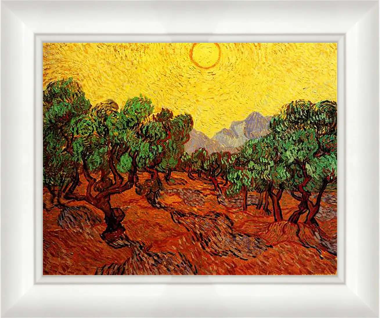 Картина в раме - Olive Trees with Yellow Sky and Sun. Винсент Ван Гог