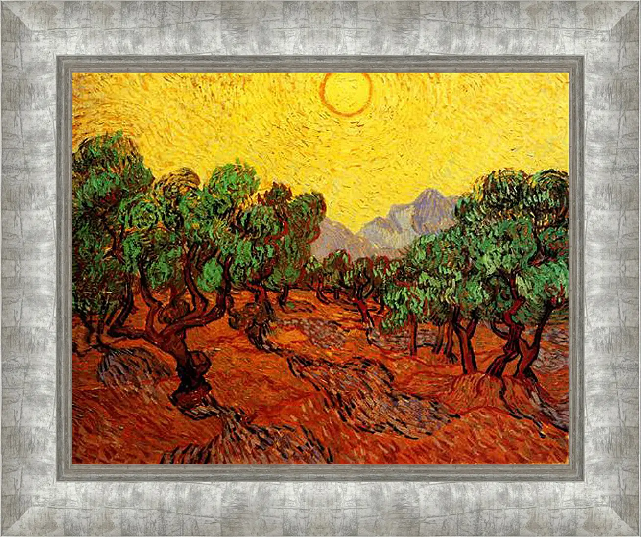 Картина в раме - Olive Trees with Yellow Sky and Sun. Винсент Ван Гог