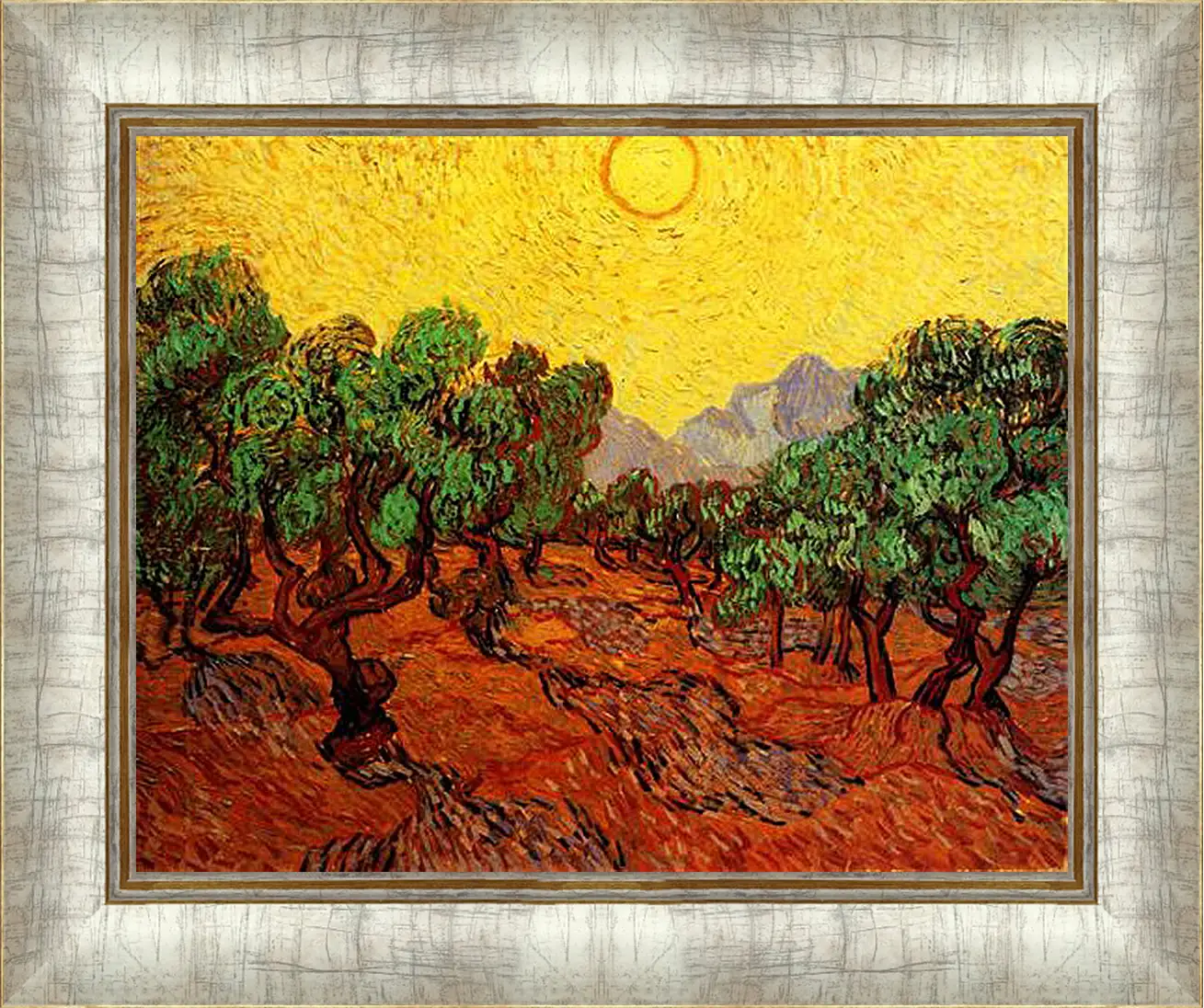 Картина в раме - Olive Trees with Yellow Sky and Sun. Винсент Ван Гог
