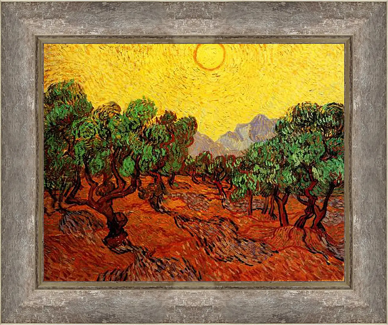 Картина в раме - Olive Trees with Yellow Sky and Sun. Винсент Ван Гог