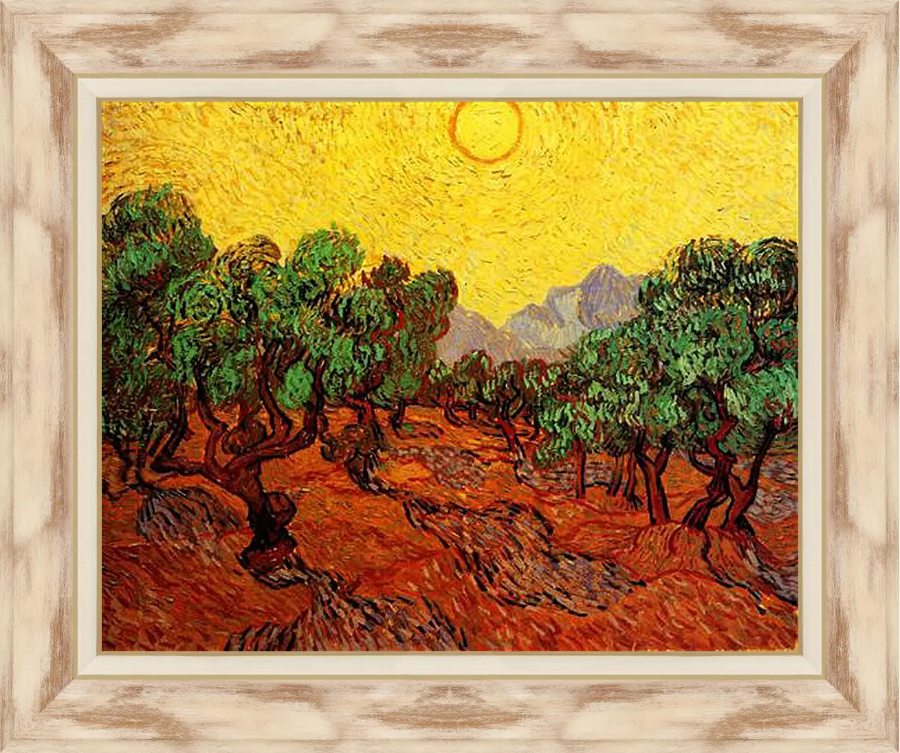 Картина в раме - Olive Trees with Yellow Sky and Sun. Винсент Ван Гог