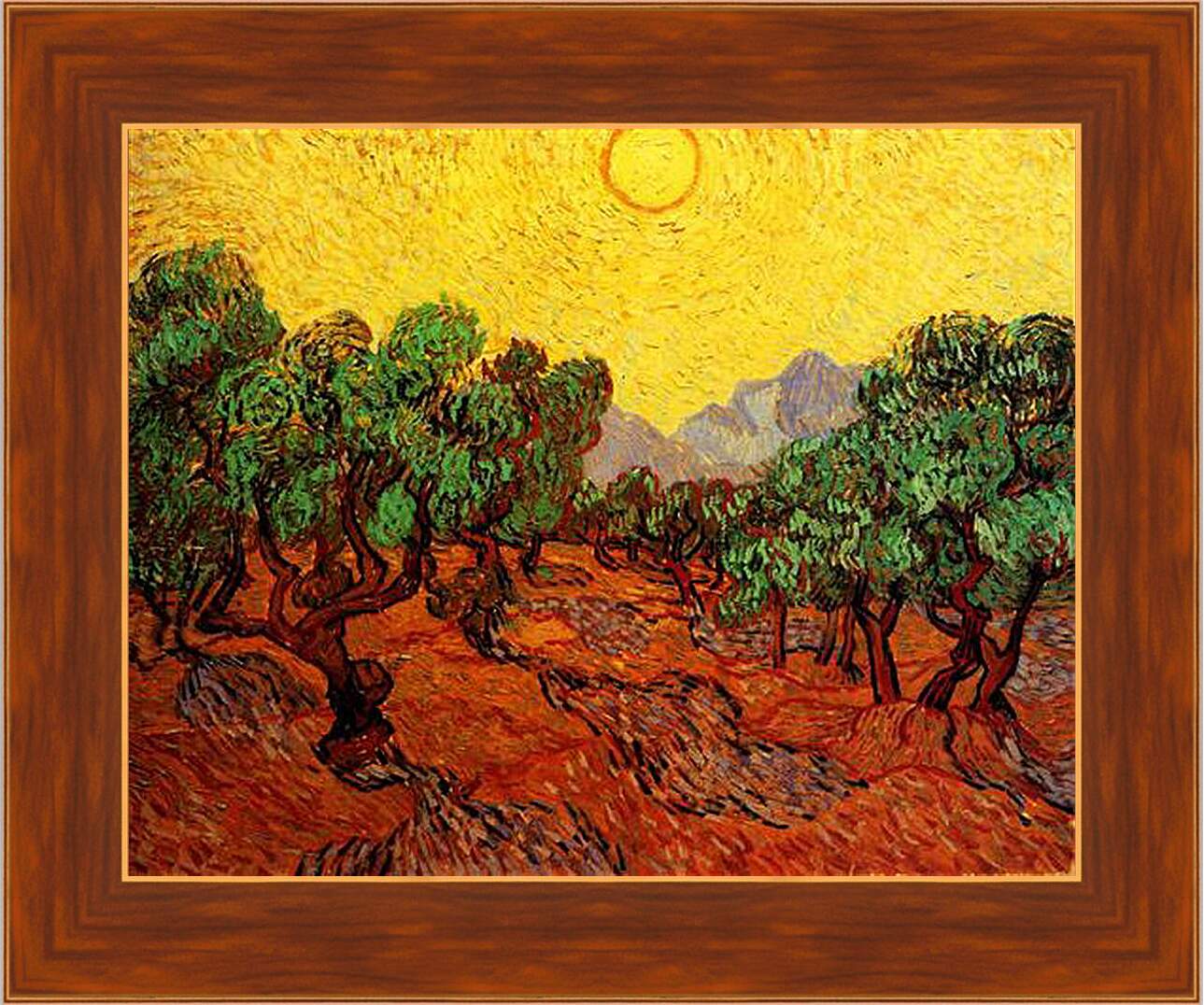 Картина в раме - Olive Trees with Yellow Sky and Sun. Винсент Ван Гог