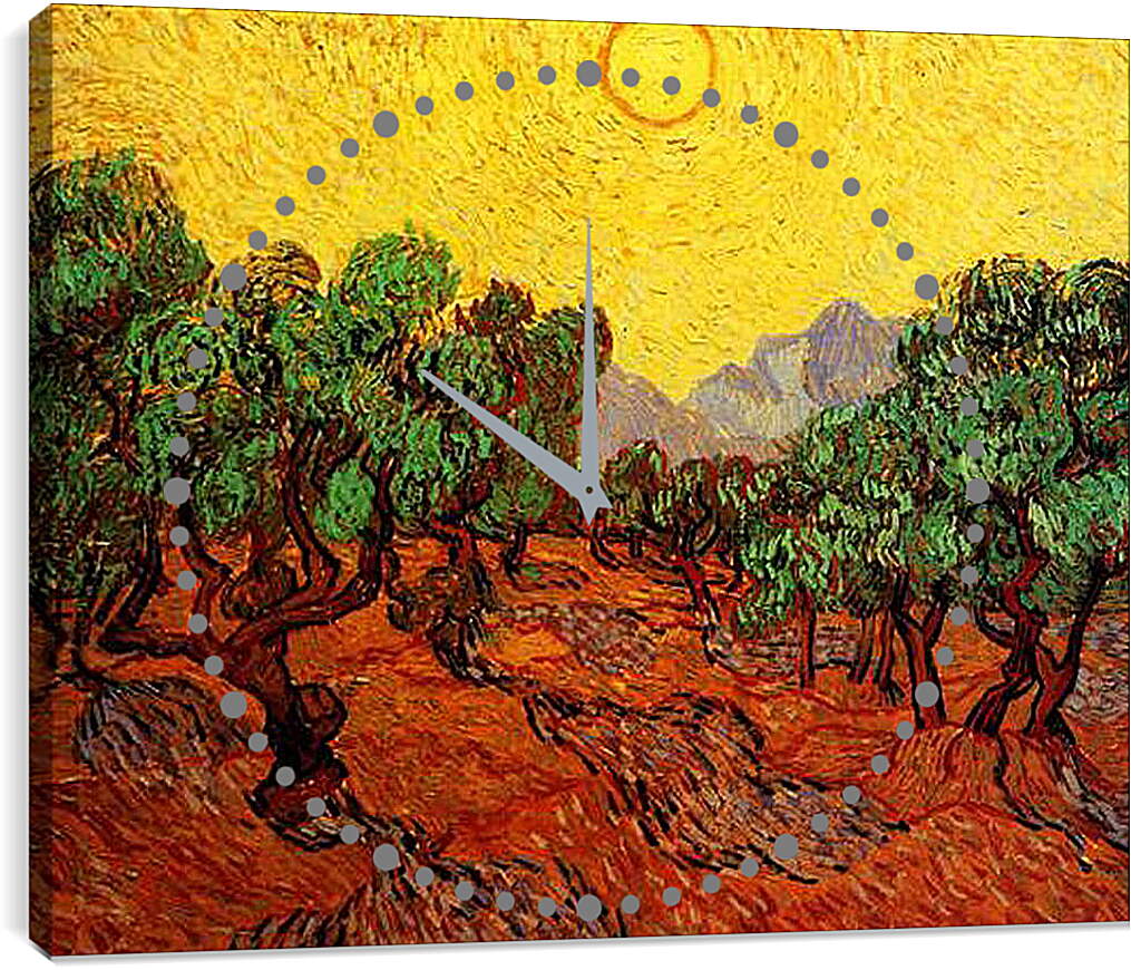 Часы картина - Olive Trees with Yellow Sky and Sun. Винсент Ван Гог