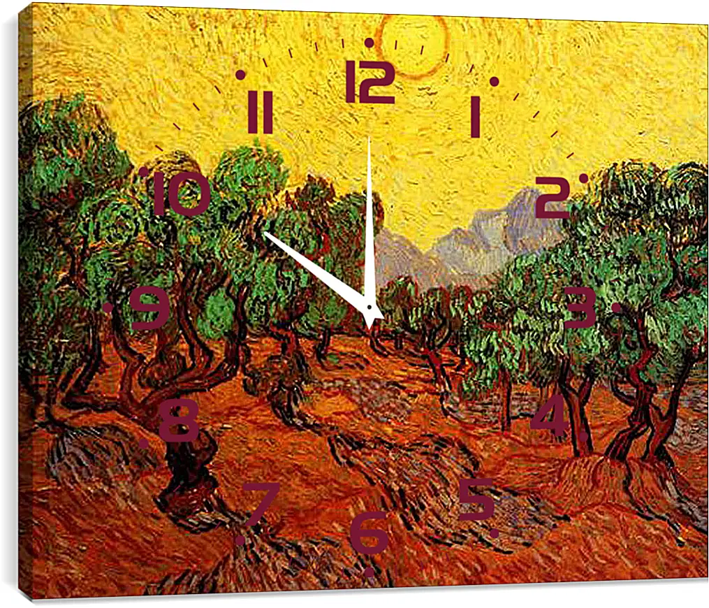 Часы картина - Olive Trees with Yellow Sky and Sun. Винсент Ван Гог