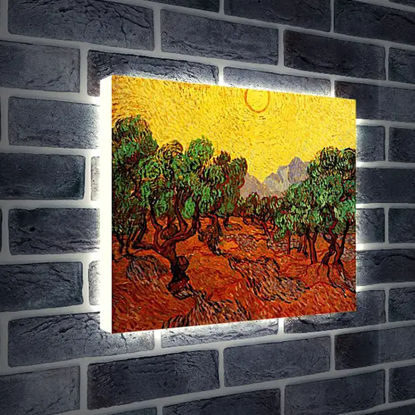 Лайтбокс световая панель - Olive Trees with Yellow Sky and Sun. Винсент Ван Гог