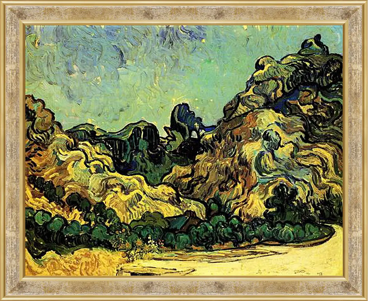 Картина в раме - Mountains at Saint-Remy with Dark Cottage. Винсент Ван Гог