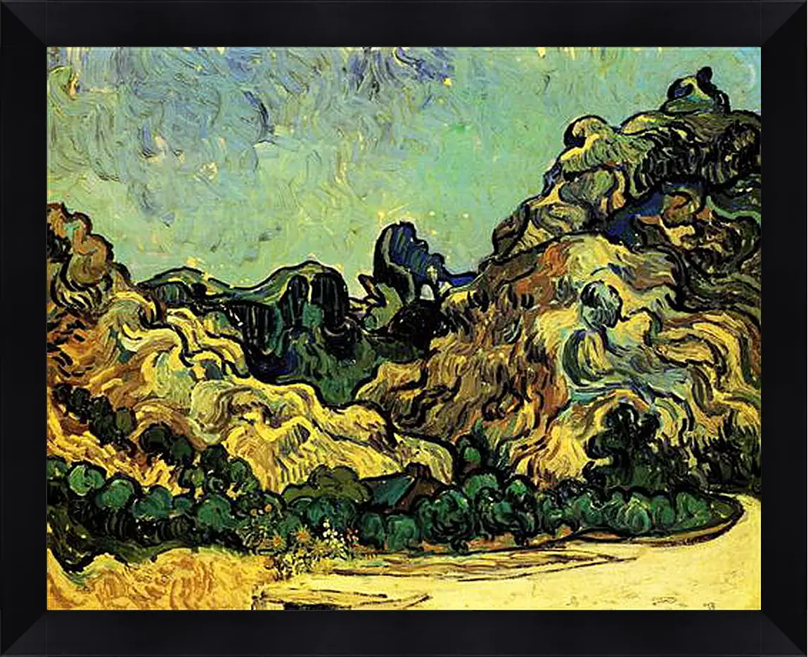 Картина в раме - Mountains at Saint-Remy with Dark Cottage. Винсент Ван Гог