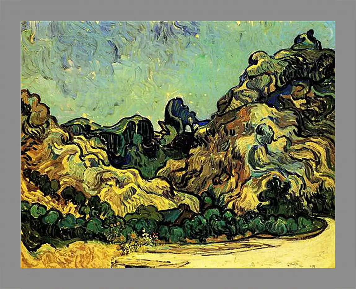 Картина в раме - Mountains at Saint-Remy with Dark Cottage. Винсент Ван Гог