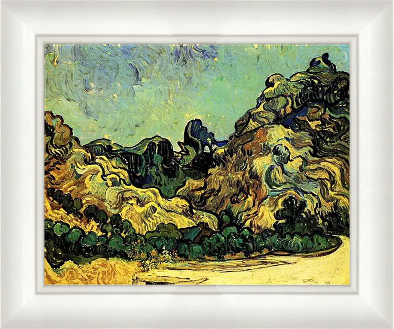 Картина в раме - Mountains at Saint-Remy with Dark Cottage. Винсент Ван Гог