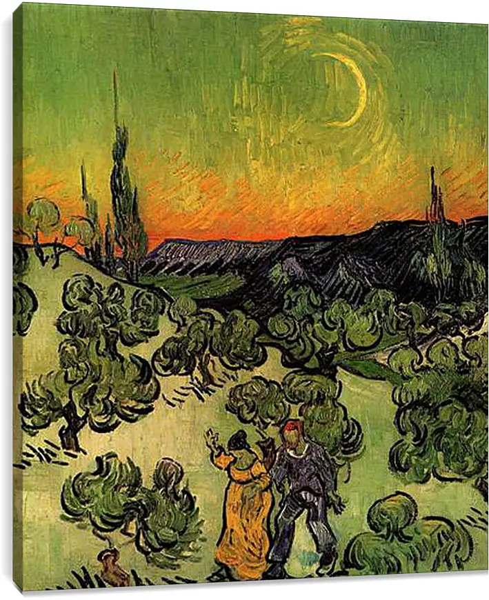 Постер и плакат - Landscape with Couple Walking and Crescent Moon. Винсент Ван Гог