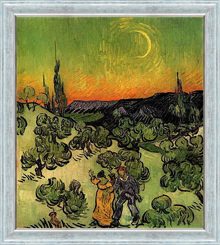 Картина в раме - Landscape with Couple Walking and Crescent Moon. Винсент Ван Гог
