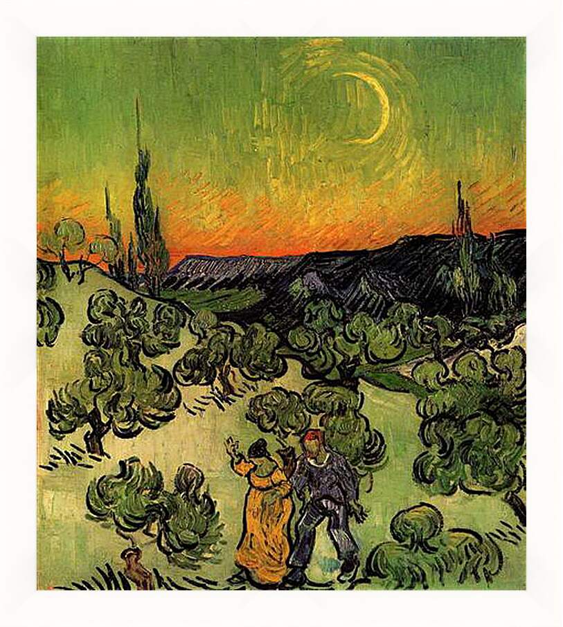 Картина в раме - Landscape with Couple Walking and Crescent Moon. Винсент Ван Гог