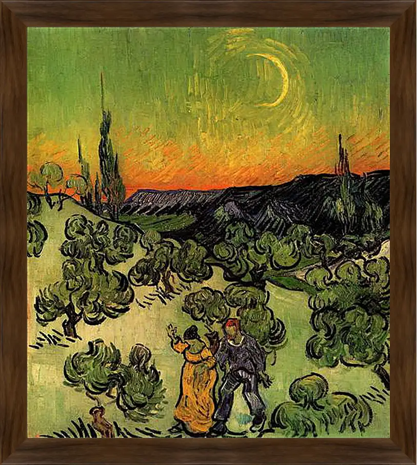 Картина в раме - Landscape with Couple Walking and Crescent Moon. Винсент Ван Гог