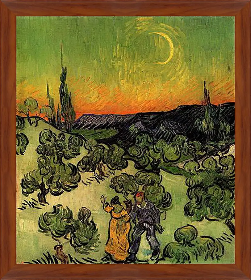 Картина в раме - Landscape with Couple Walking and Crescent Moon. Винсент Ван Гог