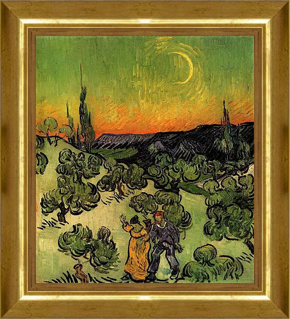 Картина в раме - Landscape with Couple Walking and Crescent Moon. Винсент Ван Гог