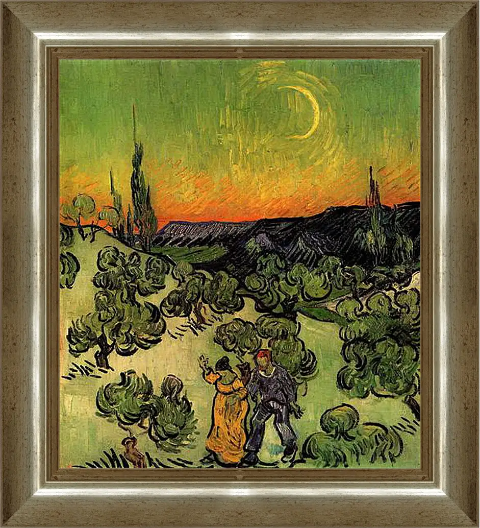 Картина в раме - Landscape with Couple Walking and Crescent Moon. Винсент Ван Гог