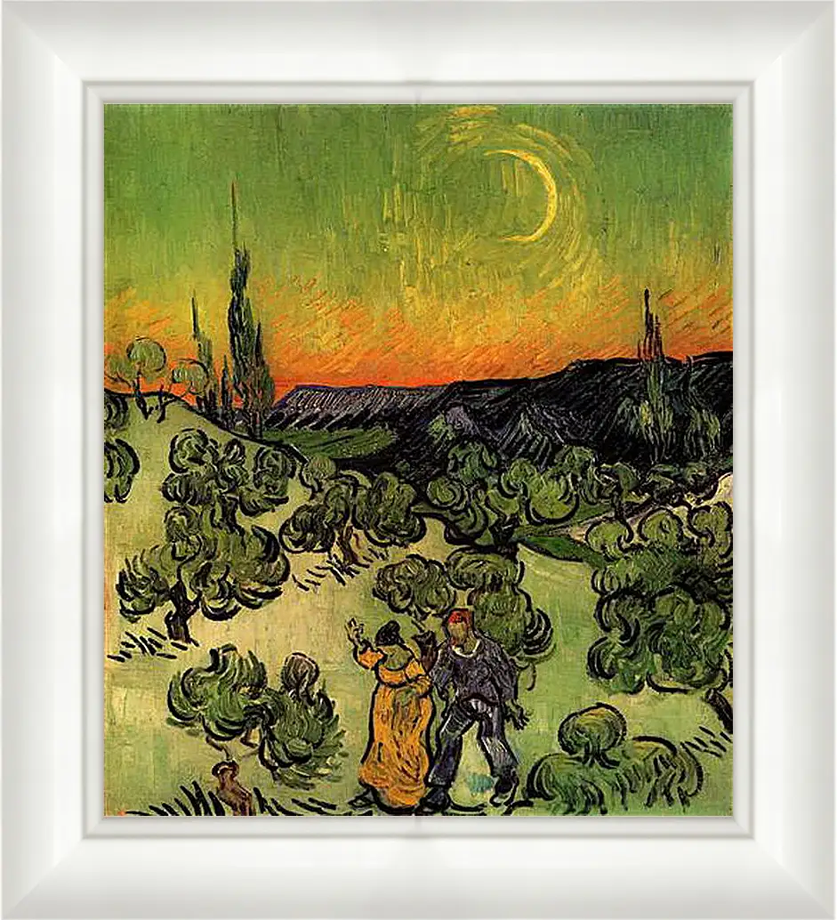 Картина в раме - Landscape with Couple Walking and Crescent Moon. Винсент Ван Гог