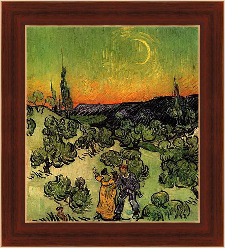 Картина в раме - Landscape with Couple Walking and Crescent Moon. Винсент Ван Гог
