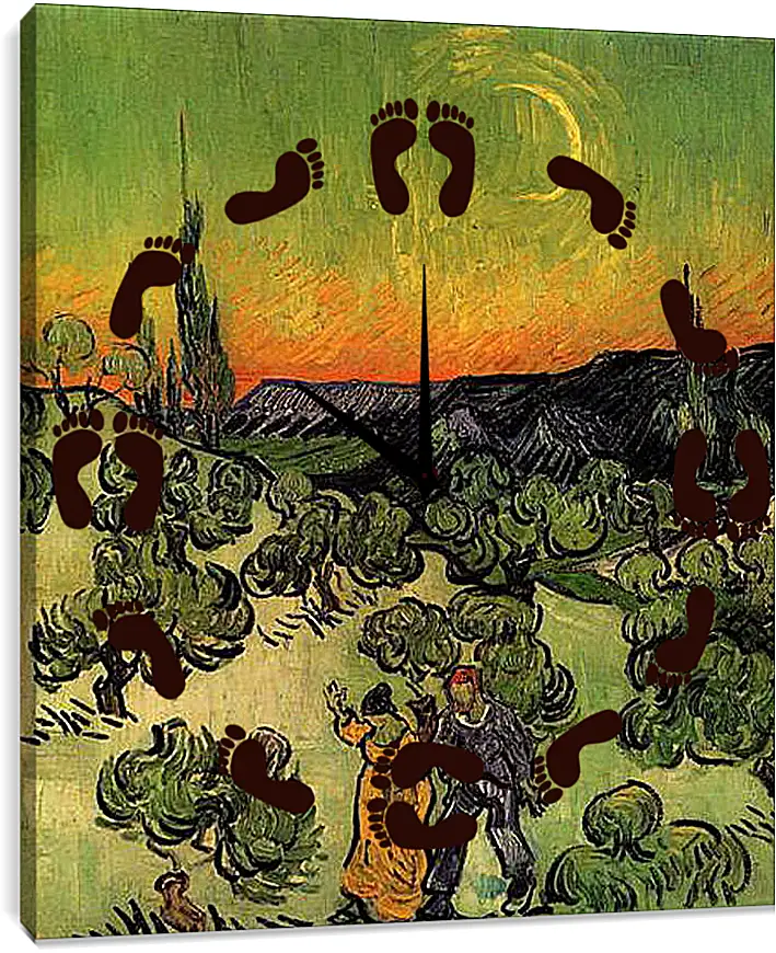 Часы картина - Landscape with Couple Walking and Crescent Moon. Винсент Ван Гог