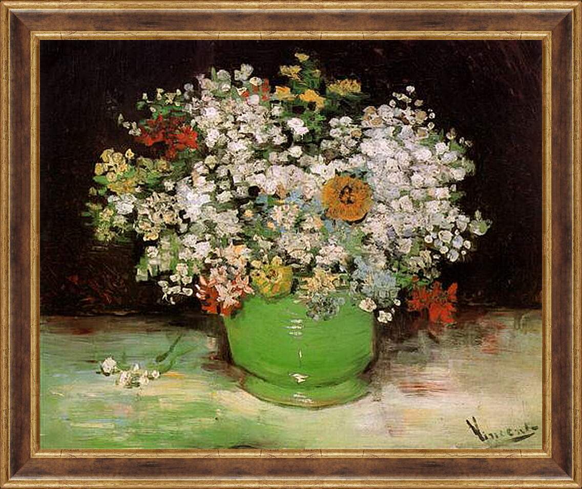 Картина в раме - Vase with Zinnias and Other Flowers. Винсент Ван Гог
