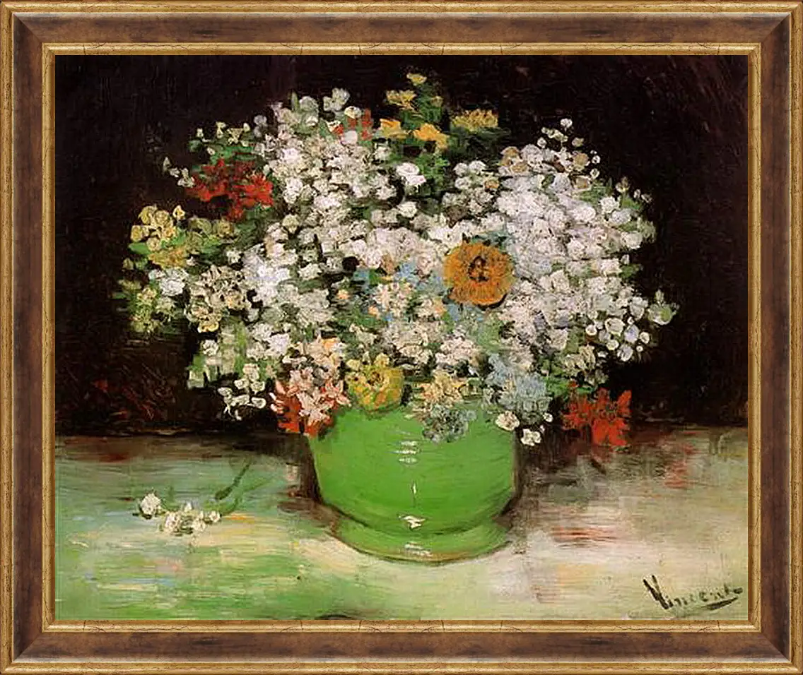 Картина в раме - Vase with Zinnias and Other Flowers. Винсент Ван Гог