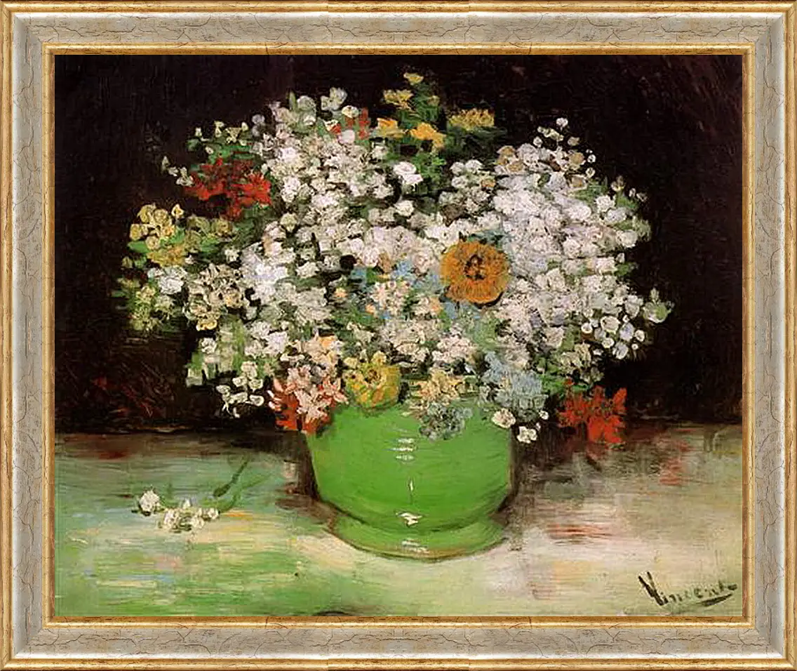 Картина в раме - Vase with Zinnias and Other Flowers. Винсент Ван Гог
