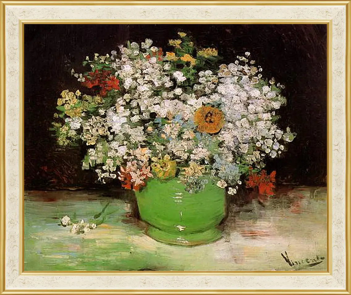 Картина в раме - Vase with Zinnias and Other Flowers. Винсент Ван Гог
