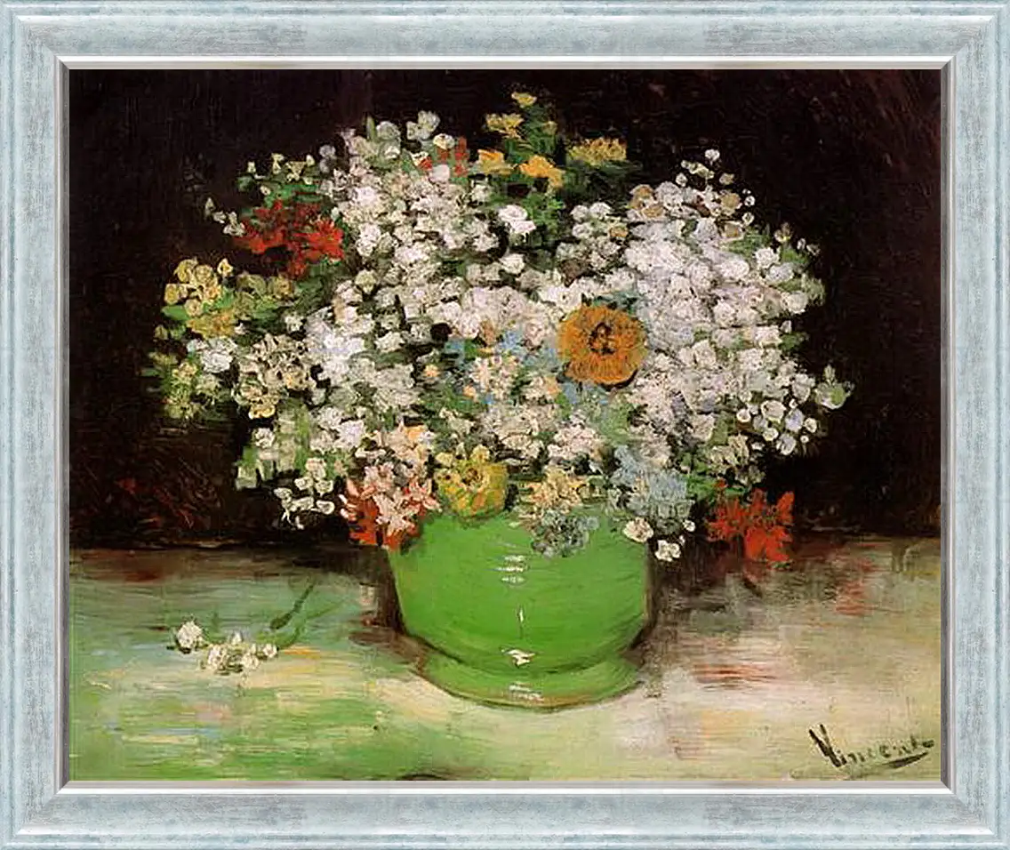 Картина в раме - Vase with Zinnias and Other Flowers. Винсент Ван Гог