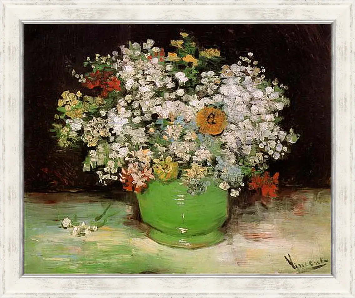 Картина в раме - Vase with Zinnias and Other Flowers. Винсент Ван Гог