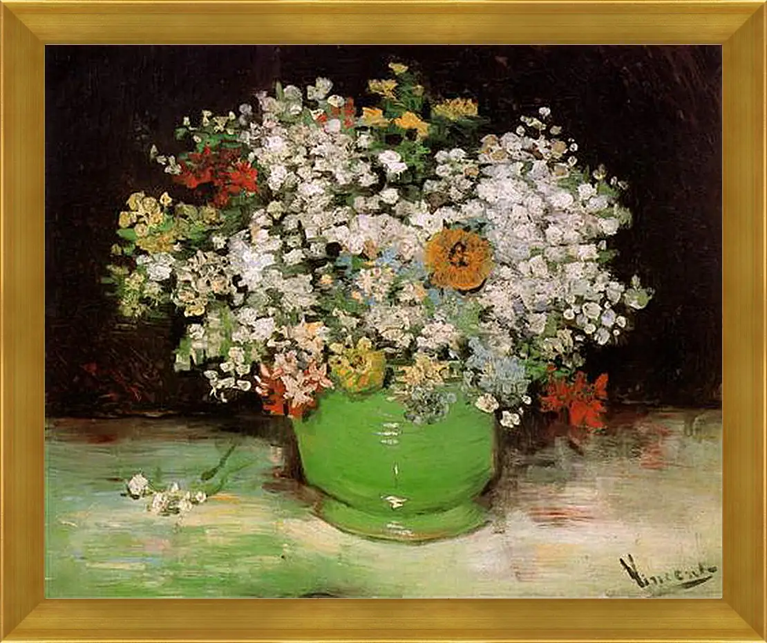 Картина в раме - Vase with Zinnias and Other Flowers. Винсент Ван Гог