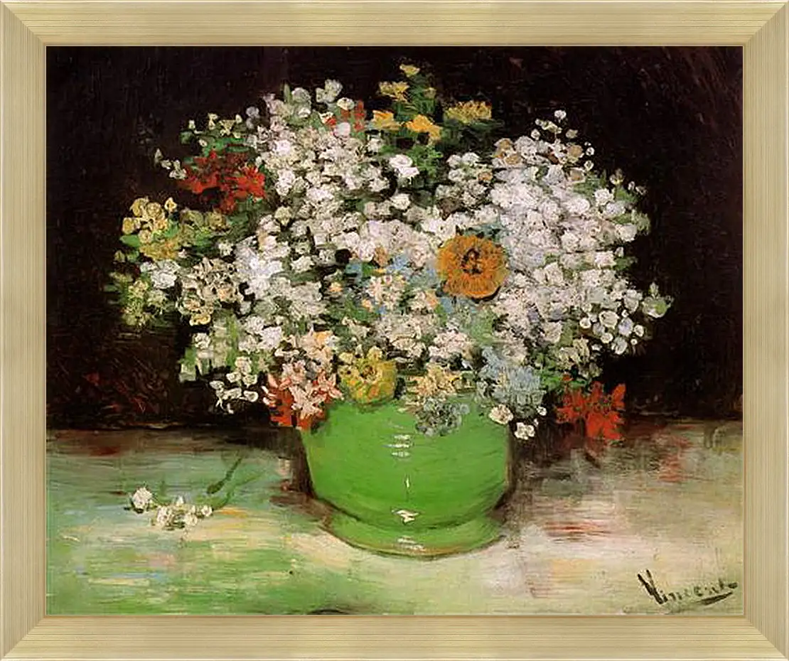 Картина в раме - Vase with Zinnias and Other Flowers. Винсент Ван Гог