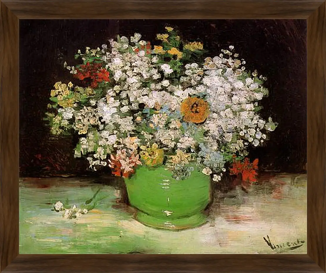 Картина в раме - Vase with Zinnias and Other Flowers. Винсент Ван Гог