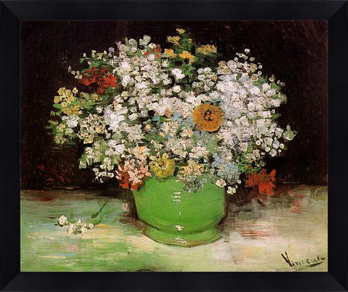 Картина в раме - Vase with Zinnias and Other Flowers. Винсент Ван Гог