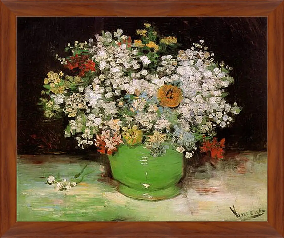 Картина в раме - Vase with Zinnias and Other Flowers. Винсент Ван Гог