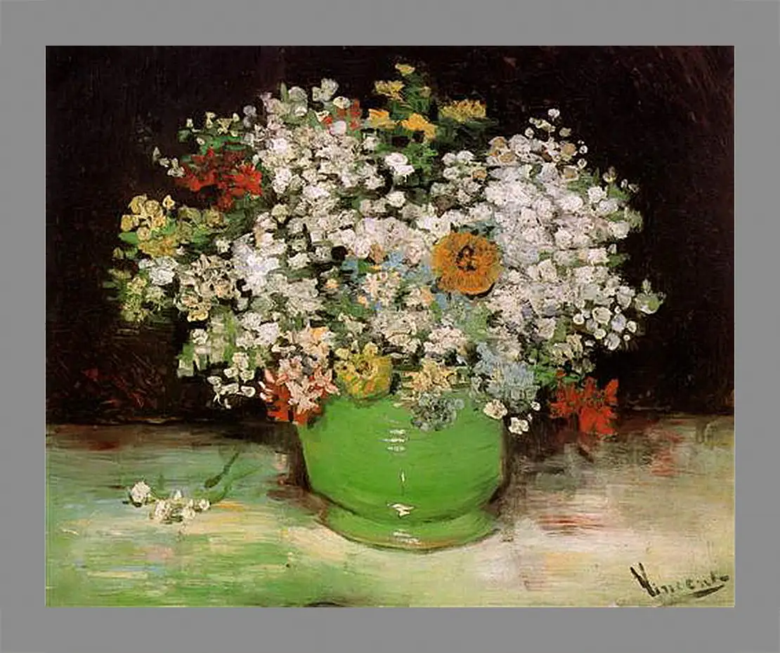 Картина в раме - Vase with Zinnias and Other Flowers. Винсент Ван Гог