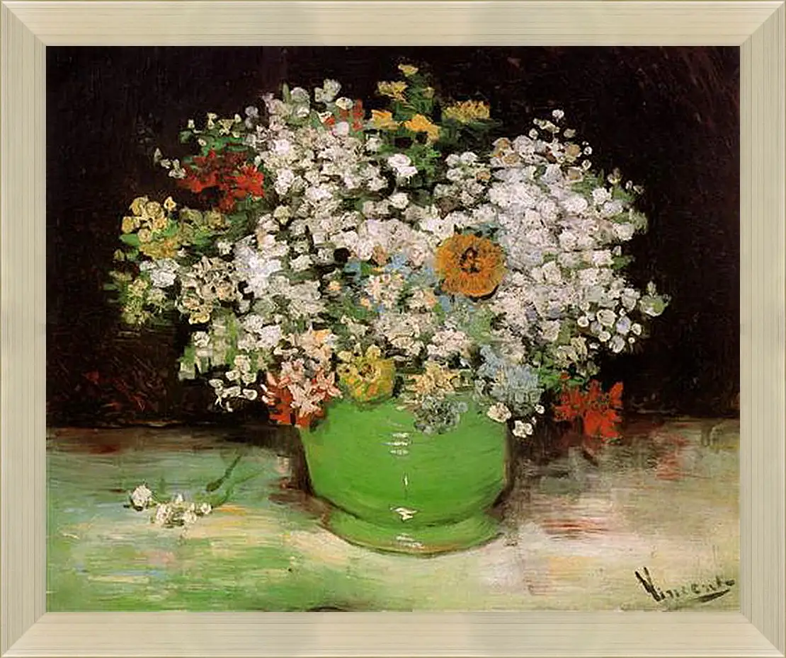 Картина в раме - Vase with Zinnias and Other Flowers. Винсент Ван Гог
