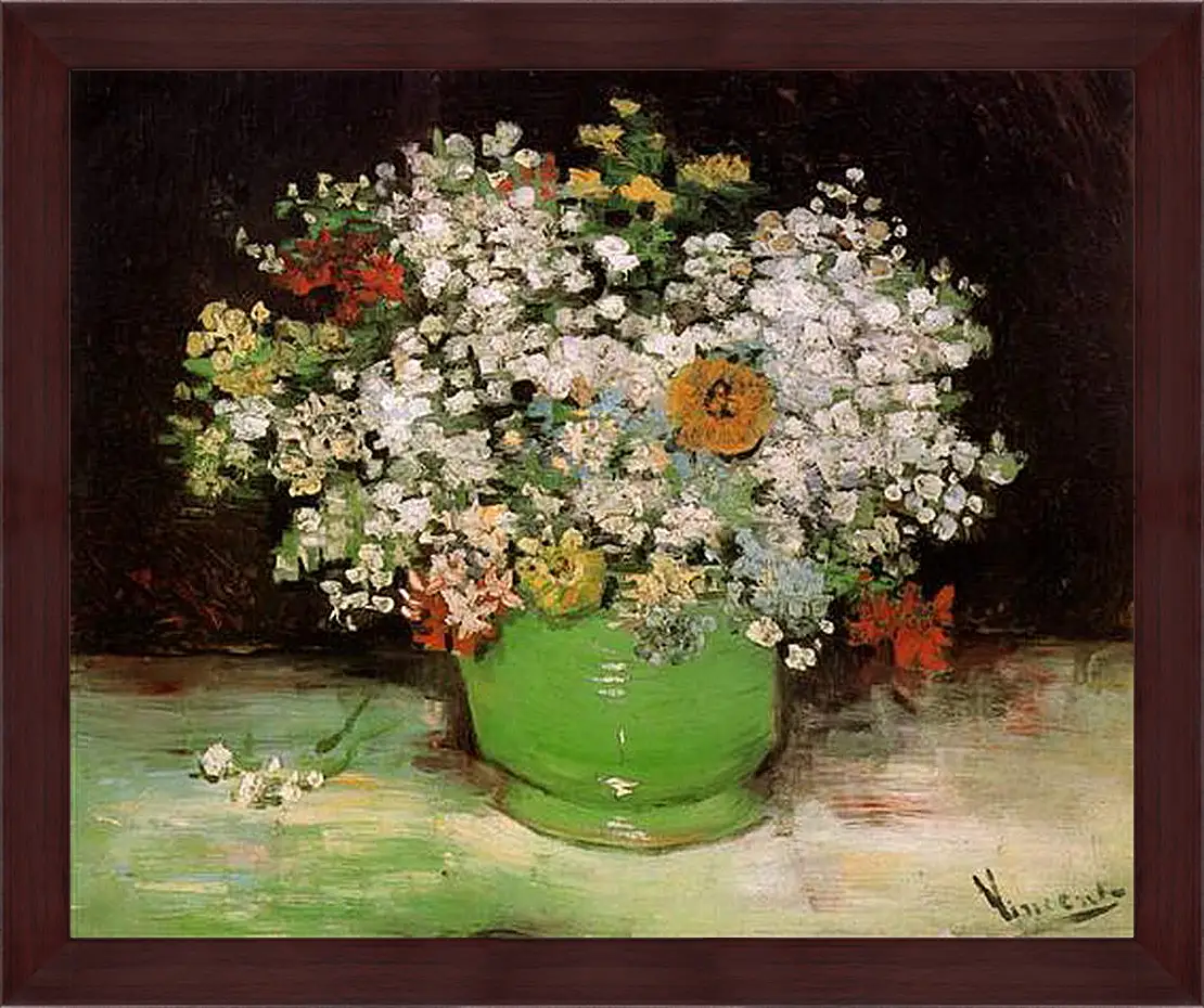 Картина в раме - Vase with Zinnias and Other Flowers. Винсент Ван Гог