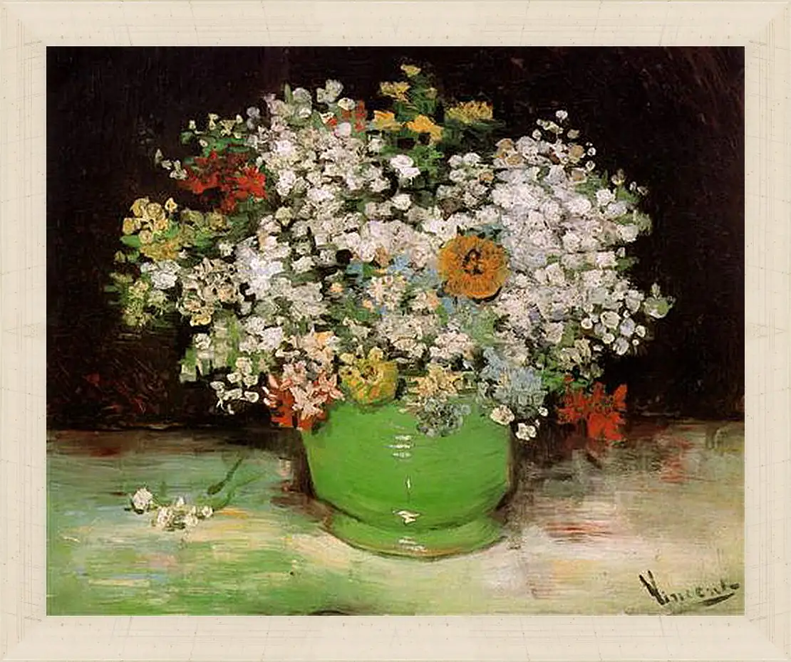 Картина в раме - Vase with Zinnias and Other Flowers. Винсент Ван Гог
