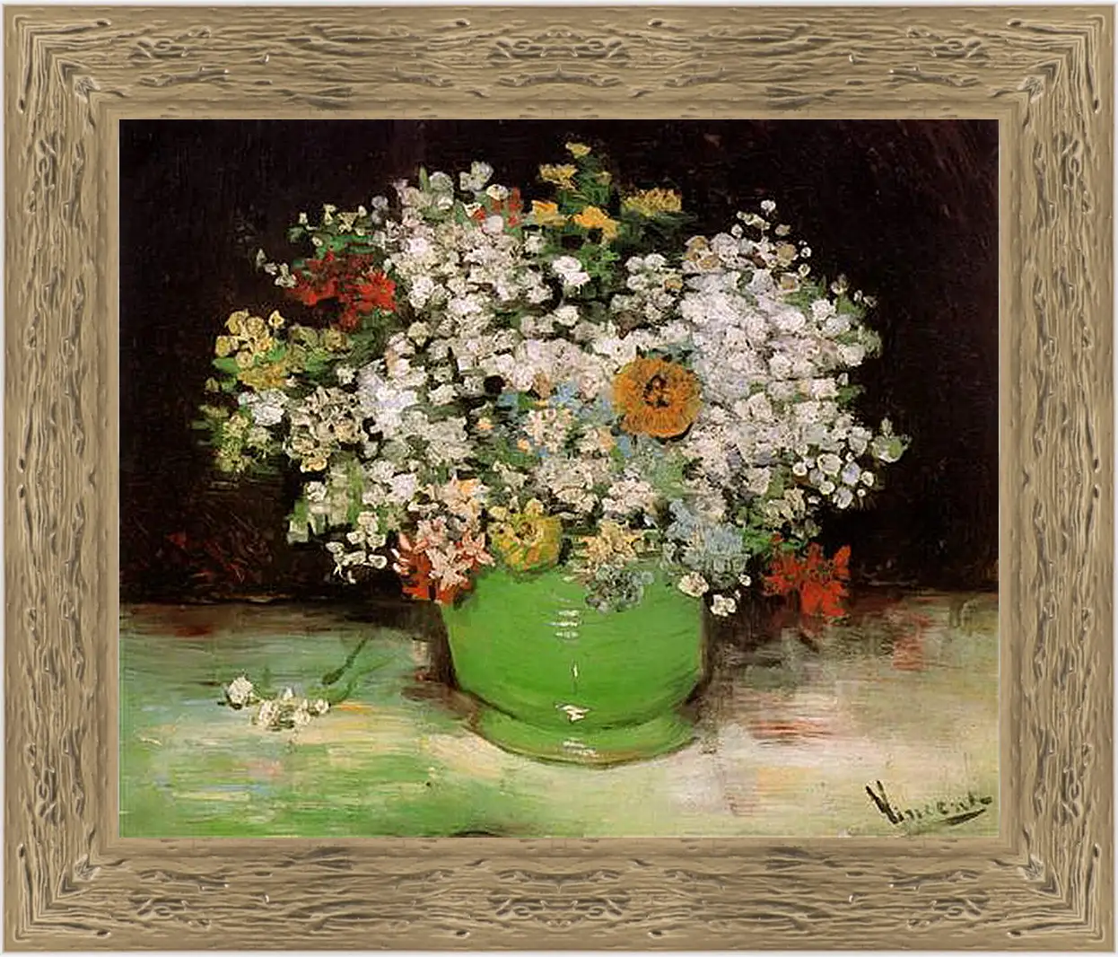 Картина в раме - Vase with Zinnias and Other Flowers. Винсент Ван Гог