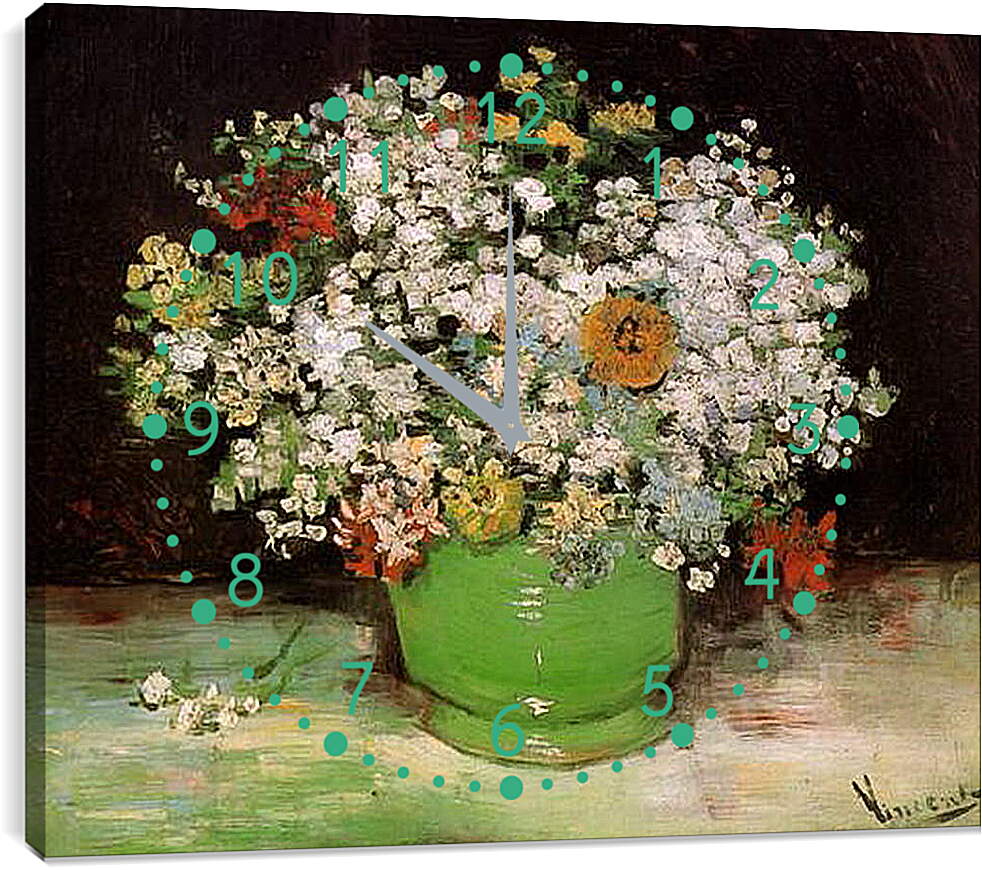 Часы картина - Vase with Zinnias and Other Flowers. Винсент Ван Гог
