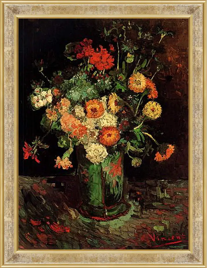 Картина в раме - Vase with Zinnias and Geraniums. Винсент Ван Гог
