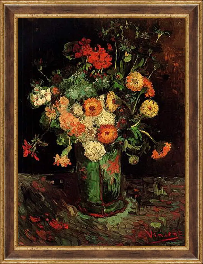 Картина в раме - Vase with Zinnias and Geraniums. Винсент Ван Гог