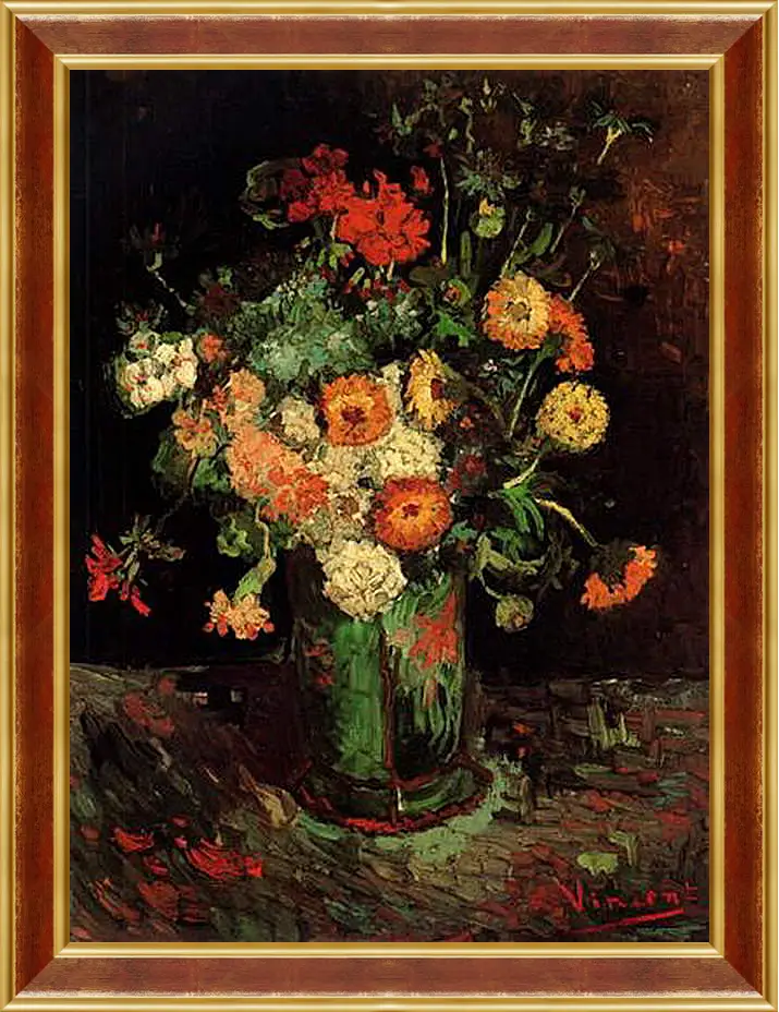 Картина в раме - Vase with Zinnias and Geraniums. Винсент Ван Гог
