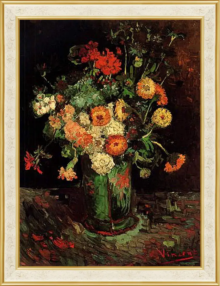 Картина в раме - Vase with Zinnias and Geraniums. Винсент Ван Гог