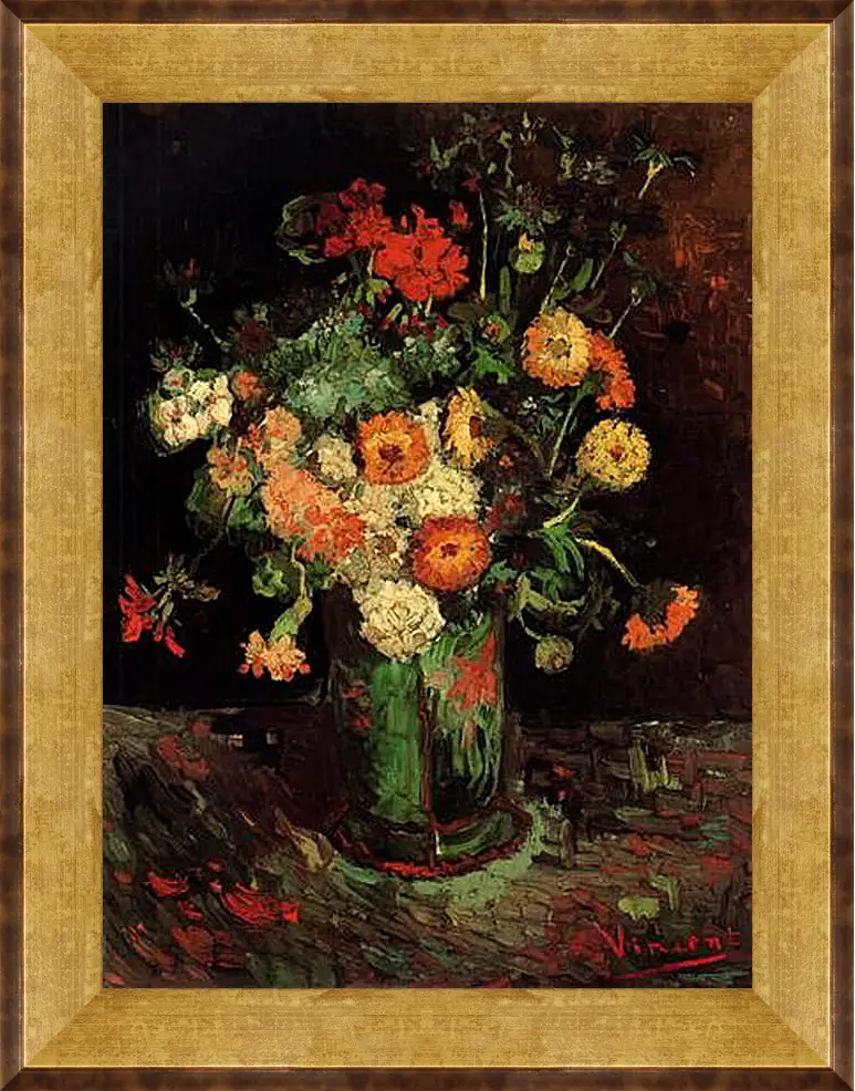 Картина в раме - Vase with Zinnias and Geraniums. Винсент Ван Гог
