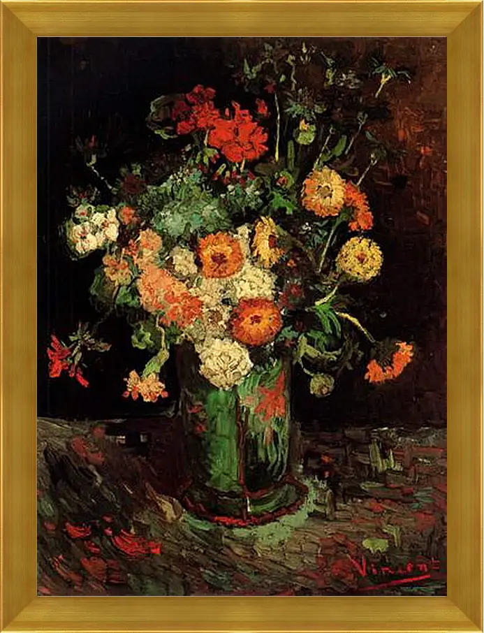 Картина в раме - Vase with Zinnias and Geraniums. Винсент Ван Гог
