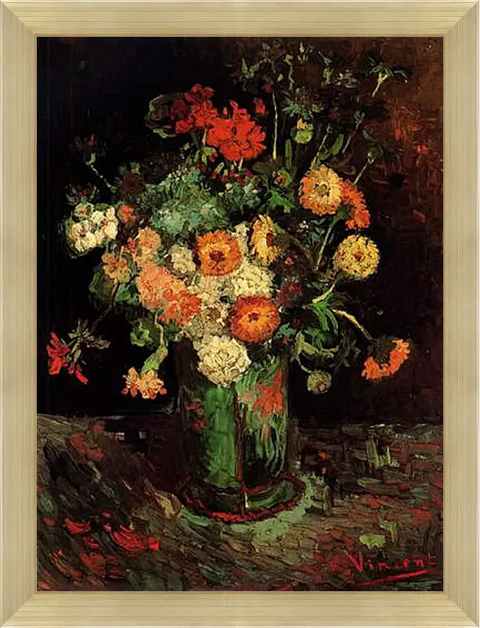 Картина в раме - Vase with Zinnias and Geraniums. Винсент Ван Гог