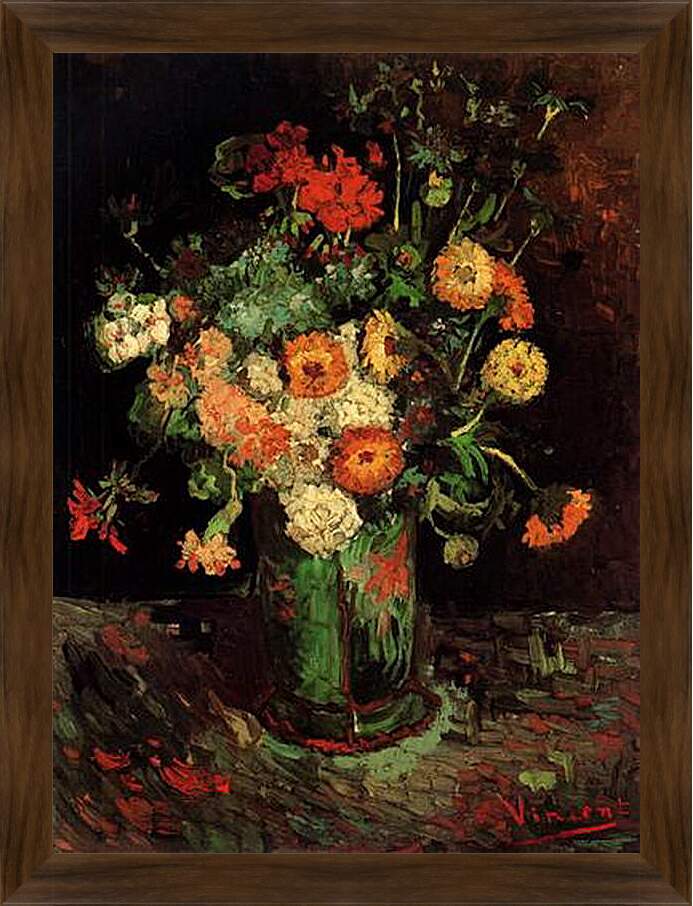 Картина в раме - Vase with Zinnias and Geraniums. Винсент Ван Гог